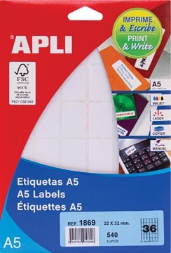 Apli witte etiketten Print & Write 22 x 32 mm 540 stuks 36 per blad 1869