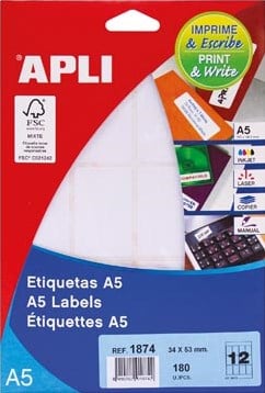 Apli witte etiketten Print & Write 34 x 53 mm 180 stuks 12 per blad 1874