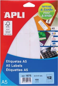 Apli witte etiketten Print & Write 34 x 67 mm 180 stuks 12 per blad 1875