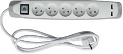 Perel contactdoos met 5 stopcontacten 2 USB en schakelaar 1,5 m wit/grijs voor NL