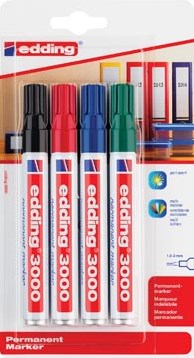 Edding permanent marker 3000, blister van 4 stuks in geassorteerde kleuren