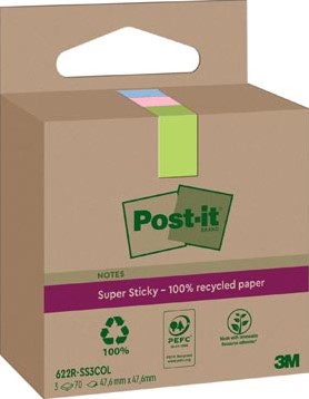 Post-it Super Sticky Notes Recycled 70 vel 47,6 x 47,6 mm assorti pak van 3 blokken