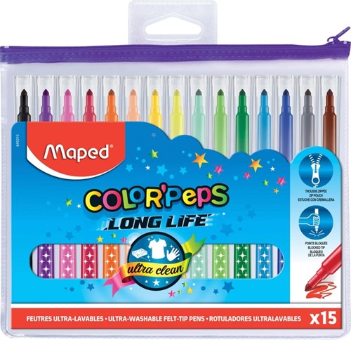 Maped Viltstift Color'Peps 15 stiften in een plastic etui met ritssluiting