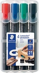 Staedtler permanente marker Lumocolor beitelpunt etui van 4 stuks in geassorteerde kleuren
