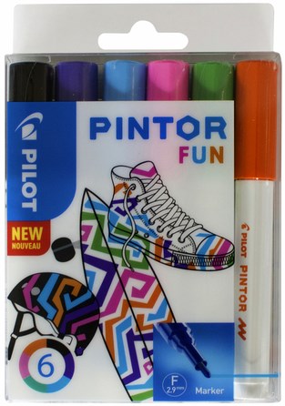 Verfstift Pilot Pintor 1.0mm assorti zwart lichtgroen oranje roze violet lichtblauw 6 stuks