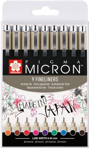 Sakura tekenstift Pigma Micron 05, etui van 9 stuks in geassorteerde kleuren
