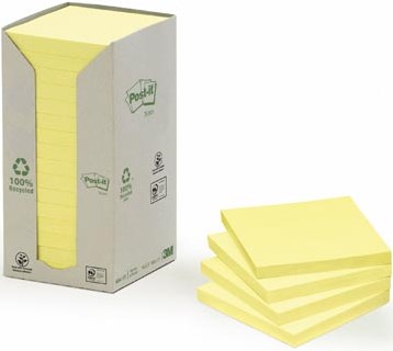 Post-it Notes gerecycled 76 x 76 mm geel 100 vel pak van 16 blokken