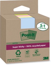 Post-it Super Sticky Notes Recycled 70 vel 76 x 76 mm assorti 3 + 1 GRATIS
