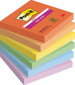 Post-it Super Sticky Notes Playful 90 vel 76 x 76 mm geassorteerde kleuren pak van 6 blokken