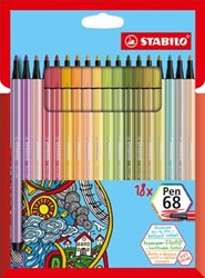 STABILO Pen 68 viltstift kartonnen etui van 18 stuks in geassorteerde zachte kleuren