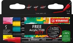 Acryl marker STABILO free  T100 Royal, ronde punt, 1-2 mm,  geassorteerde kleuren, pak van 5 stuks