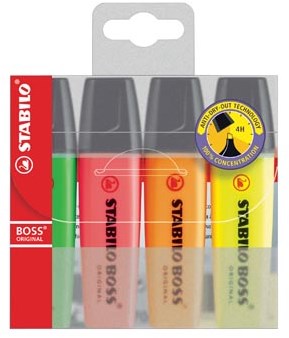 Markeerstift Stabilo Boss Original etui van 4 stuks: geel, groen, oranje en roze