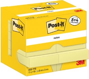 Post-It Notes 100 vel 38 x 51 mm geel 8 + 4 GRATIS