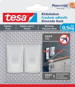 Tesa Klevende Haak, draagkracht 0,5 kg, behang en pleisterwerk, wit, 2 haken en 3 strips