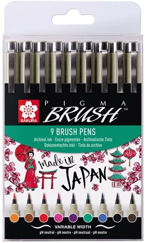 Viltift met brushpen Bruynzeel Sakura Pigma etui à 9 kleuren