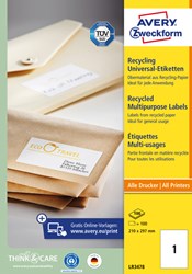 Avery etiketten 210 x 297 mm gerecycled 100 stuks per blad