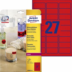 AVERY Afneembare neon etiketten ft 63,5 x 29,6 mm, doos van 20 blad, 540 stuks, rood