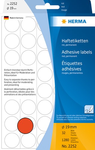 Herma etiketten 2252 rond 19mm rood 1280stuks