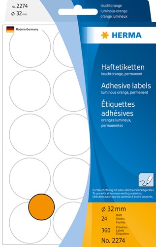 Herma etiketten 2274 rond 32mm fluor oranje 360stuks