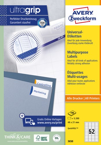 Avery etiketten Zweckform 3650 48x21mm wit 5200stuks
