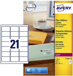 AVERY transparante etiketten QuickPEEL ft 63,5 x 38,1 mm, 525 stuks, 21 per blad