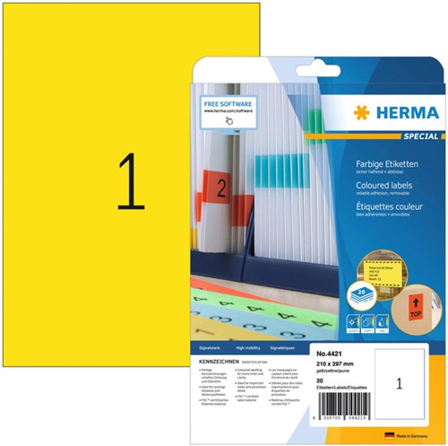 Herma etiketten 4421 210x297mm verwijderbaar A4 geel 20stuks