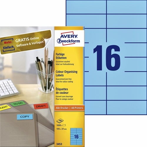 Avery Etiketten ILC ft 105 x 37 mm, 1600 etiketten per doos, 16 per blad, kleur: blauw