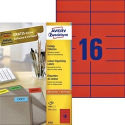 Avery etiketten Zweckform 3452 105x37mm rood 1600stuks