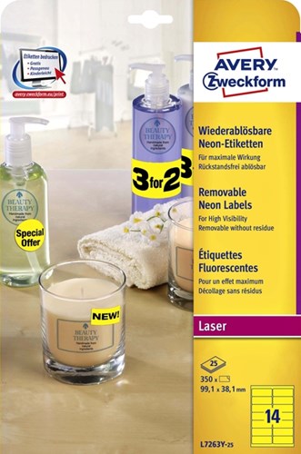 AVERY Afneembare neon etiketten ft 99,1 x 38,1 mm, doos van 25 blad, 350 stuks, neonroze