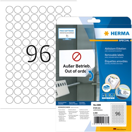 Herma etiketten 4386 rond 20mm verwijderbaar wit 2400stuks