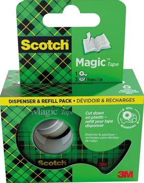 Scotch Magic Tape plakband 19 mm x 7,5 m dispenser + 3 rolletjes ophangbaar doosje