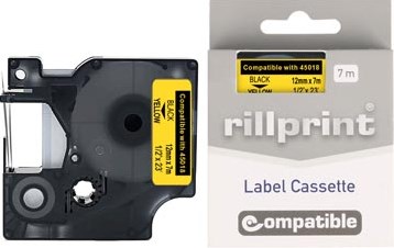 Rillprint compatible D1 tape voor Dymo 45018 12 mm zwart op geel