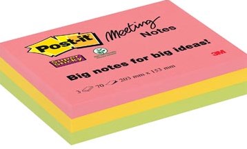 Post-it Super Sticky Meeting notes, 70 vel, ft 203 x 153 mm, geassorteerde kleuren, pak van 3 blokken
