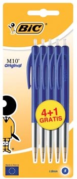 Bic balpen M10 Clic schrijfbreedte 0,4 mm medium punt blauw blister 4 + 1 gratis