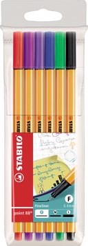 Stabilo fineliner Point 88 etui van 6 stuks donkergroen rood blauw zwart violet en lila