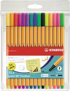 Stabilo fineliner Point 88 etui van 15 stuks in geassorteerde kleuren