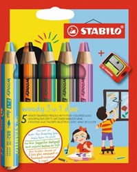 Kleurpotloden STABILO 882 woody 3 in 1 duo inclusief puntenslijper assorti etui 5 à stuks