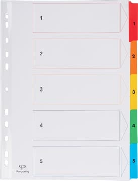 Pergamy tabbladen met indexblad A4 11-gaatsperforatie geassorteerde kleuren set 1-5