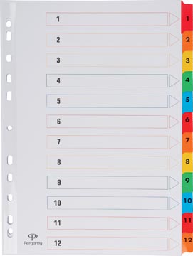 Pergamy tabbladen met indexblad A4 11-gaatsperforatie geassorteerde kleuren set 1-12