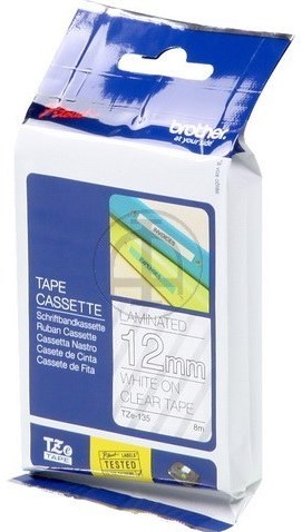 TZE-135 Brother wit op transparante tape 12mm