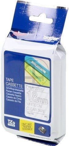 TZE-145 Brother wit op transparante tape 18mm