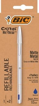 Bic balpen Cristal Re-new, zilveren lichaam, blauwe inkt, doos met 1 stuk en 2 navullingen-2
