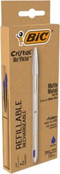 Bic balpen Cristal Re-new, zilveren lichaam, blauwe inkt, doos met 1 stuk en 2 navullingen