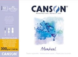 Montval aquarelpapier wit met fijne korrel 300 g/m², A3 blok met 12 vellen