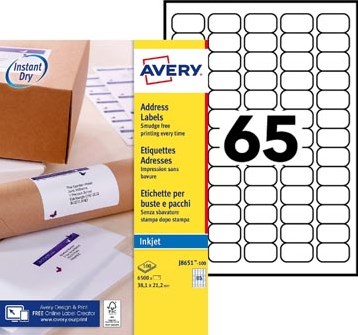 AVERY mini-etiketten ft 38,1 x 21,2 mm, 6.500 stuks, doos van 100 blad, wit, voor inkjetprinters-2