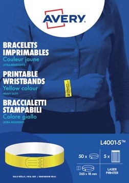 Avery bedrukbare polsbandjes 18 x 265 mm geel pak van 50 etiketten