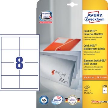 Avery Zweckform 4782, Universele etiketten, Ultragrip, wit, 25+5 vellen, 8 per vel, 97 x 67,7 mm