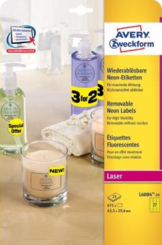 AVERY Afneembare neon etiketten ft 63,5 x 29,6 mm, doos van 20 blad, 540 stuks, geel