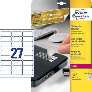 Avery bestendige veiligheidsetiketten, ft 63,5 x 29,6 mm, 540 stuks, 27 per vel, doos van 20 vel-2
