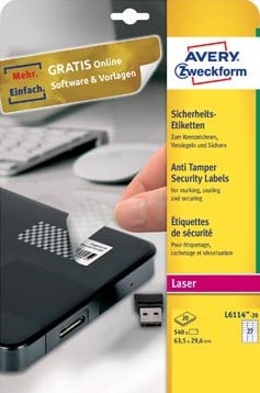 Avery bestendige veiligheidsetiketten, ft 63,5 x 29,6 mm, 540 stuks, 27 per vel, doos van 20 vel